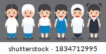 Set of cute cartoon girls wear Malaysia Primary, Secondary / High & Islamic school uniforms.