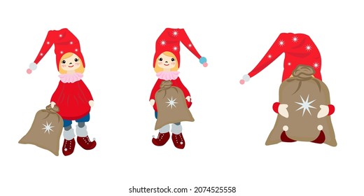 Set of cute cartoon gnomes. Bright beautiful Scandinavian gnomes or elves