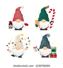 Set of cute cartoon gnomes with Christmas stuff in flat design