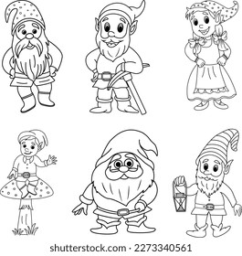 Set of Cute Cartoon Gnomes for Coloring Pages. Vector Illustration Fairy Funny Gnomes