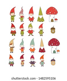 Set of cute cartoon gnomes. Funny elves. isolated objects on white background. Vector illustration