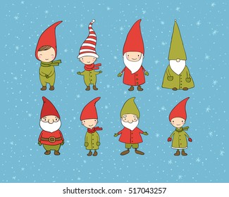 Set of cute cartoon gnomes. Funny elves. Vector illustration. 