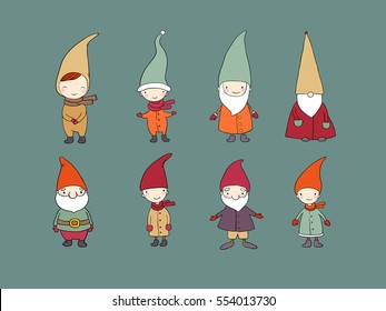 Set of cute cartoon gnomes. Funny elves. Vector illustration. 
