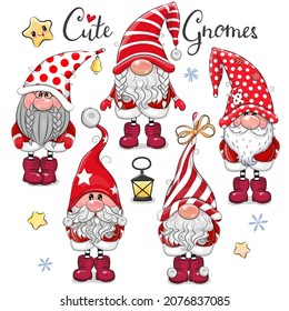 Set of Cute Cartoon Gnomes isolated on a white background