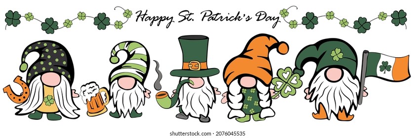 Set of Cute Cartoon Gnomes. St Patrick's Day. Vector illustration in doodle style.