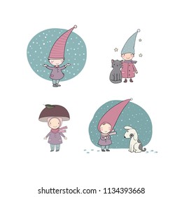 Set of cute cartoon gnomes. Vector illustration. 