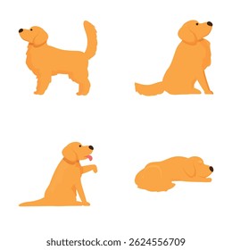 Set of cute cartoon golden retriever illustrations in different poses