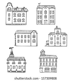 Set Old Houses Hand Drawn Stock Vector (Royalty Free) 1345136951
