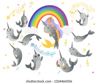 Set of cute cartoon gray narwhals with rainbow, mermaid girl, notes and music. Collection of cute sea unicorns, cartoon animals. Isolated vector illustration of narwhals on white background.