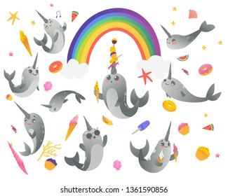 Set of cute cartoon gray narwhals with rainbow, ice creams, sweets and seashell. Vector collection of cute sea unicorns, cartoon animals, isolated illustration on white background.