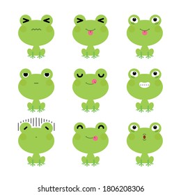 Set of cute cartoon green frog emoji set isolated on white background. Vector Illustration.