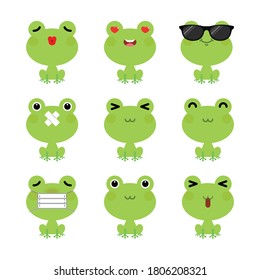 Set of cute cartoon green frog emoji set isolated on white background. Vector Illustration.