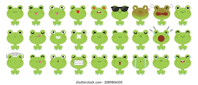 Set of cute cartoon green frog emoji isolated on white background. Vector Illustration.