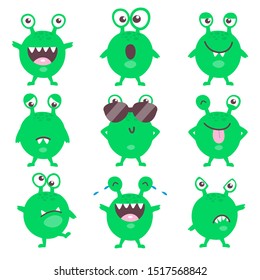 Set of cute cartoon green monster emotions. Funny emoticons emojis collection for kids. Fantasy frog characters. Vector illustrations, cartoon flat style. 