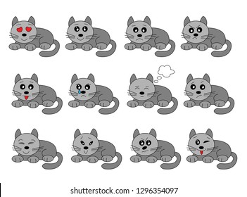 Set of cute cartoon grey cat with various emotions - Vector