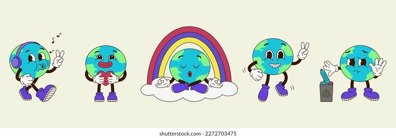Establezca lindos planetas de dibujos animados en retro estilo los años 70 de los 60. Concepto del Día de la Tierra y del Día Mundial del Medio Ambiente. Ilustración vectorial plana