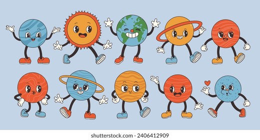 Set cute cartoon groovy planets in retro style 60s 70s. Earth Day and save planet concept. Flat vector illustration