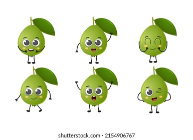 Set of cute cartoon guava fruit vector character set isolated on white background