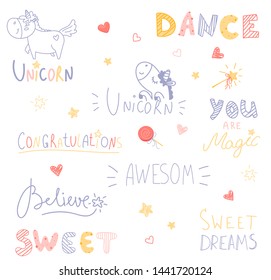 Set of cute cartoon had draw lettering. Graphic element for print, postcard and poster. Vector illustration