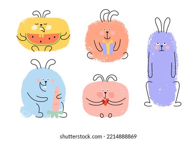 Set of cute cartoon hairs, rabbits. Hand drawn textured funny characters with gift, heart, watermelon, carrot.