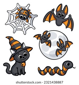 Set of cute cartoon halloween animals - spider, bats, cat and snake. Vector ink hand drawn illustration isolated on white background.