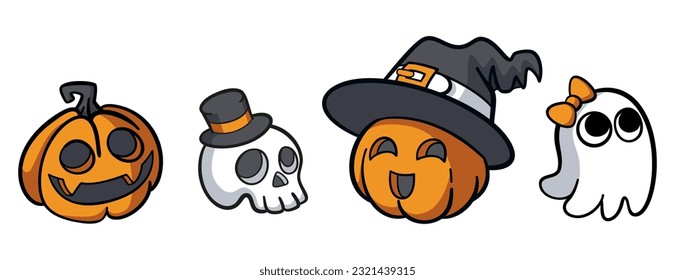 Set of cute cartoon halloween characters - pumpkins, skull and ghost. Vector ink hand drawn illustration isolated on white background.