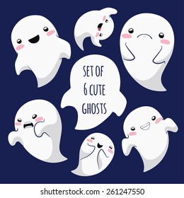 Set of cute cartoon Halloween Ghosts, Halloween night, Ghost silhouette for your design isolated on background