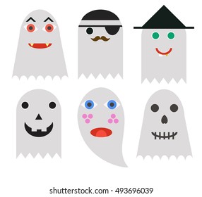Set of cute cartoon Halloween Ghosts, Halloween night, Ghost silhouette for your design isolated on background. Ghosts emoticon halloween set