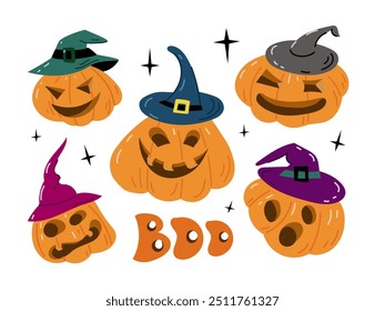 Set of cute cartoon Halloween pumpkins in witches hats and hand lettering. Vector illustration