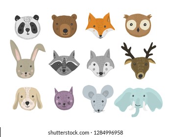 Set of cute cartoon hand drawn animals in bright colors. Vector illustration of wild and domestic animal heads as panda, bear, fox, raccoon, cat, mouse for pattern, print design, kids app and book