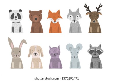 Set of cute cartoon hand drawn animals with torso in bright colors. Vector illustration of animal heads as panda, bear, fox, raccoon, cat, mouse for pattern, print design, kids app and book