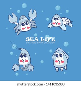 Set of cute cartoon hand drawn sea life animals