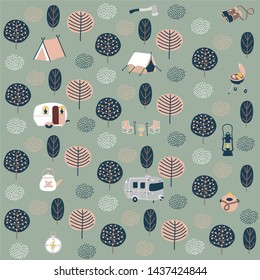 Set of cute cartoon hand drawn scandinavian style camping equipment symbols and icons, hiking, and camping doodle elements, vector illustration, camp clothes, shoes, gear, food. Seamless pattern.