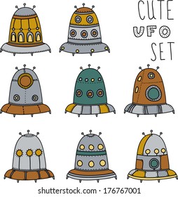 Set of cute cartoon hand drawn UFO