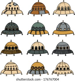 Set of cute cartoon hand drawn UFO