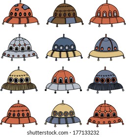 Set of cute cartoon hand drawn ufo