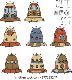 Set of cute cartoon hand drawn ufo