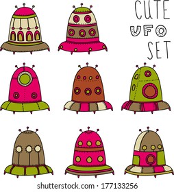 Set of cute cartoon hand drawn ufo
