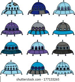 Set of cute cartoon hand drawn ufo