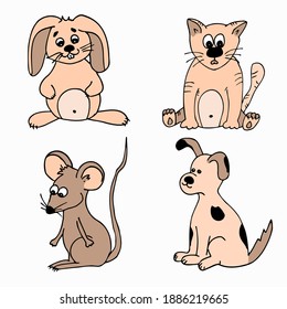 Conjunto de lindos animales dibujados a mano con dibujos animados. Ilustración vectorial del animal: gato, perro, ratón, conejo para patrón, diseño de impresión, aplicación para niños