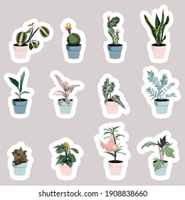 Set of cute cartoon hand drawn houseplants stickers.