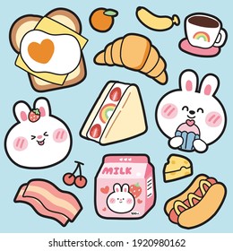 Set of cute cartoon hand drawn on blue background.Rabbit,bacon,cherry,hot dog,sandwich,milk,strawberry doodle.Animals character design.Image for sticker,kid graphic,card.Kawaii.Vector.Illustration.