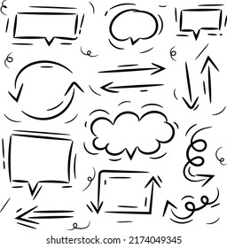 set of cute cartoon hand drawn arrows and cloud shapes comic doodle isolated