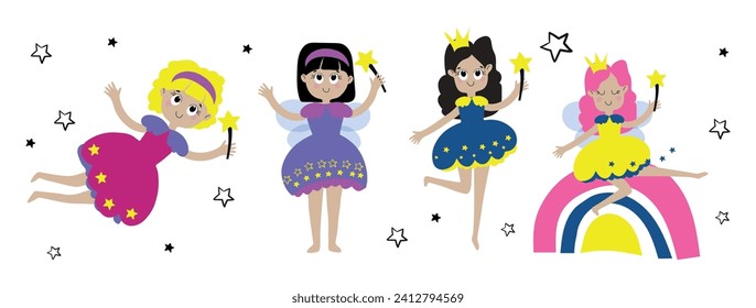 Set Cute cartoon hand drawn fairy. Magical kingdom. Little princes