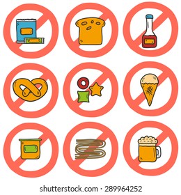 Set of cute cartoon hand drawn icons with allergic gluten products: bread, pastry, pasta, beer, yogurt, ice cream, dry breakfast, ketchup and snack food. Gluten intolerance concept with sign