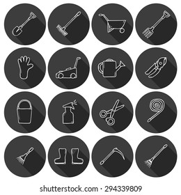 Set of cute cartoon hand drawn icons with shadow on garden tools theme: watering can, gloves, cutter, pitchfork, shovel, boots, rake, secateurs, pushcart, bucket, hose, sprayer for your design