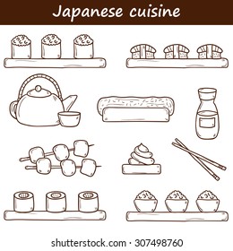 Set of cute cartoon hand drawn icons on Japanese cuisine theme: tea pot, rolls, sushi, wasabi, caviar. Ethnic travel concept. Great for restaurant menu, food site