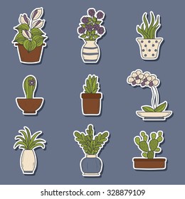 Set of cute cartoon hand drawn houseplants stickers