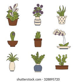 Set of cute cartoon hand drawn houseplants icons