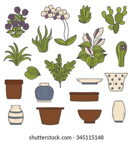 Set of cute cartoon hand drawn houseplants icons